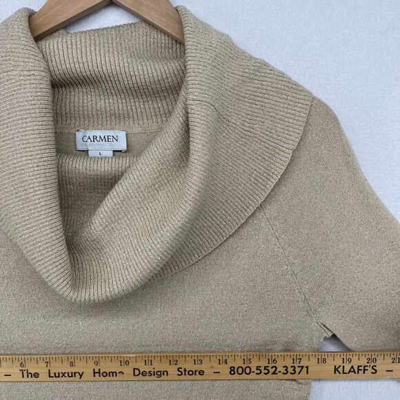 CARMEN Sweater L MARC VALCO Cowl Neck Metallic Pullover Rayon Blend Beige Gold - Picture 12 of 14
